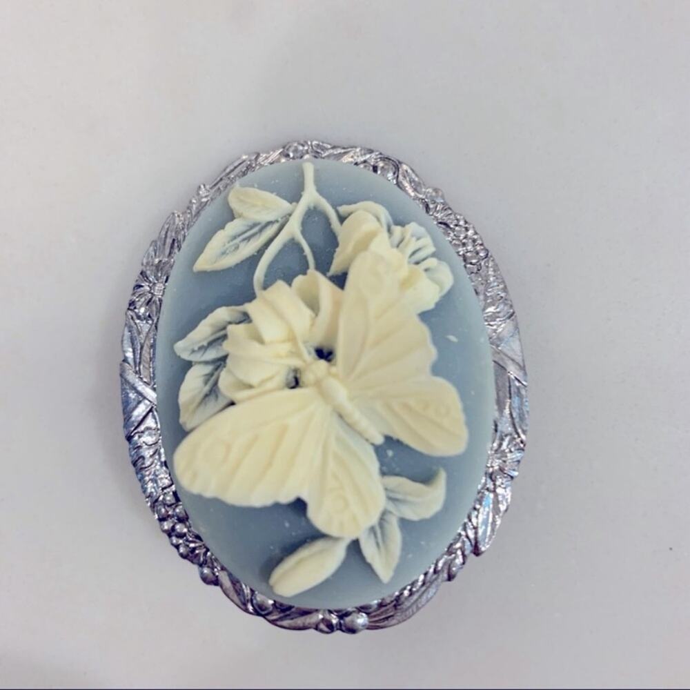 Powder Blue and Ivory Oval Butterfly Brooch
